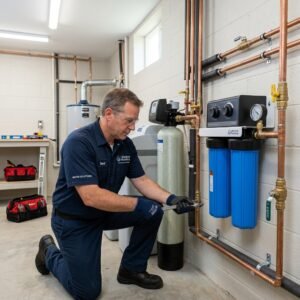 Professional plumber installing a residential water treatment and filtration system