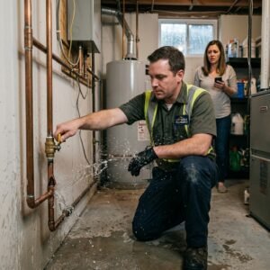 Professional plumber repairing a leaking pipe in a residential basement